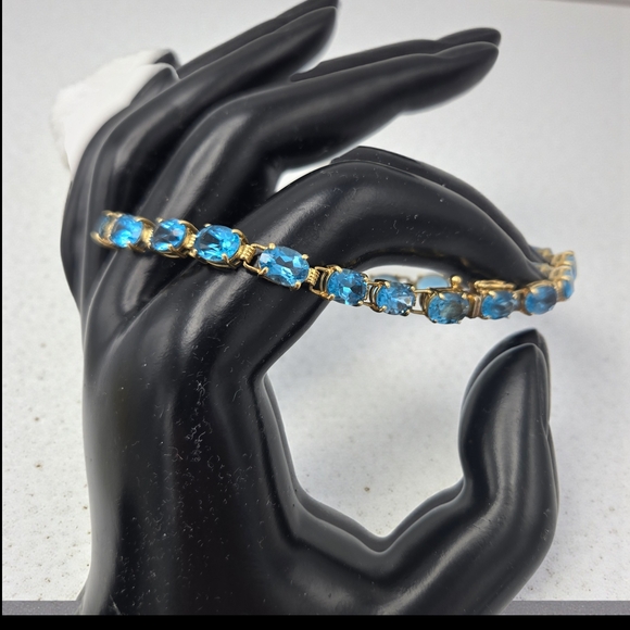 Vintage 14K Gold Blue Topaz Tennis Bracelet ADPC Signed 9.79g Solid Gold Estate - Picture 7 of 12